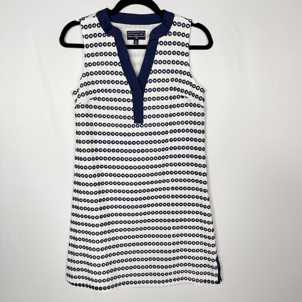 Duffield Lane XS Navy Blue White Striped Eyelet Sleeveless Shift Dress Cotton